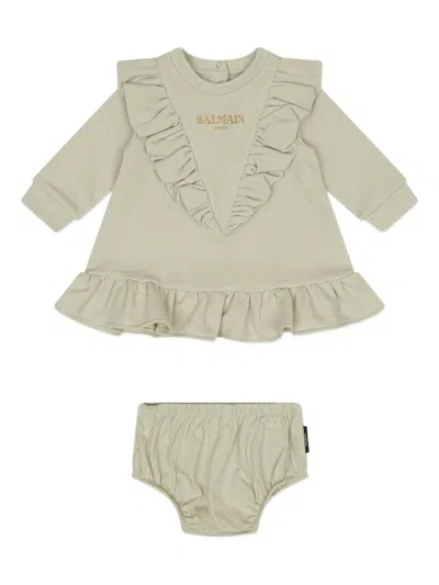 Balmain Babies' Ruffled Dress Set In Green