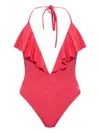 Balmain Ruffled Halter Swimsuit In Red