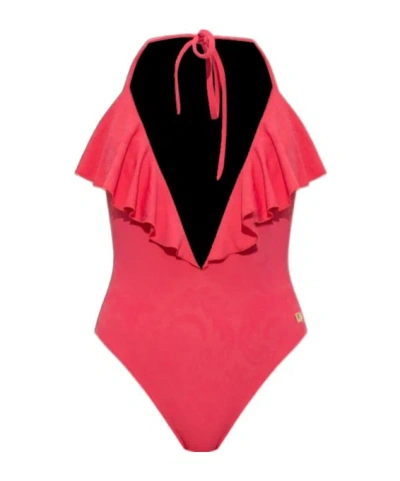 Balmain Ruffled Halter Swimsuit In Red