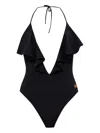 Balmain Ruffled Halterneck Swimsuit In Black