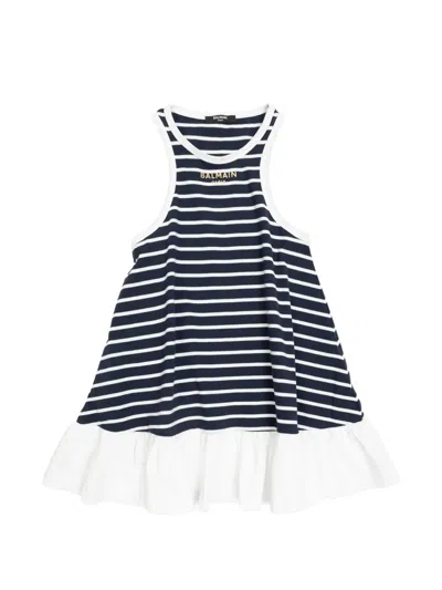 Balmain Kids Striped Logo Dress In White
