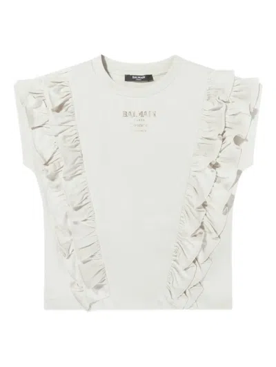 Balmain Kids' Ruffled Logo Top In White