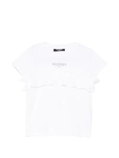 Balmain Kids' Ruffled Logo-print T-shirt In White