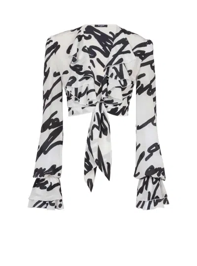 Balmain Ruffled Love Letter Knotted Crop Shirt In White