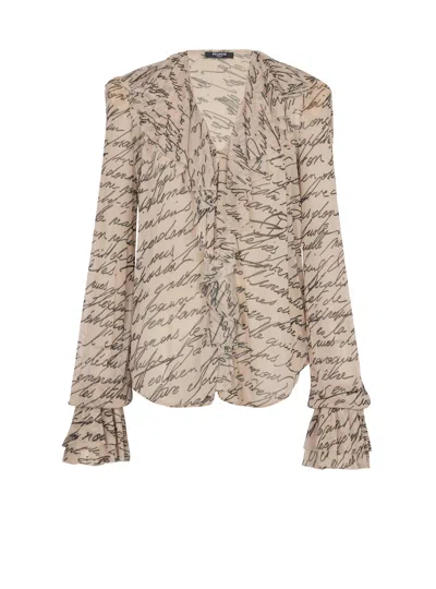 Balmain Ruffled Love Letter Print Shirt In Sand