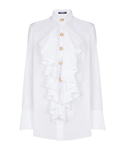 Balmain Ruffled Poplin Shirt In White