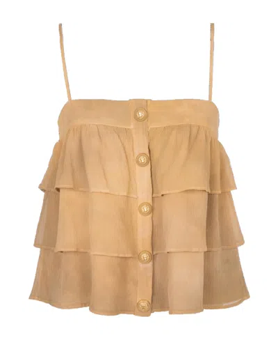 Balmain Ruffled Silk Blouse In Nude