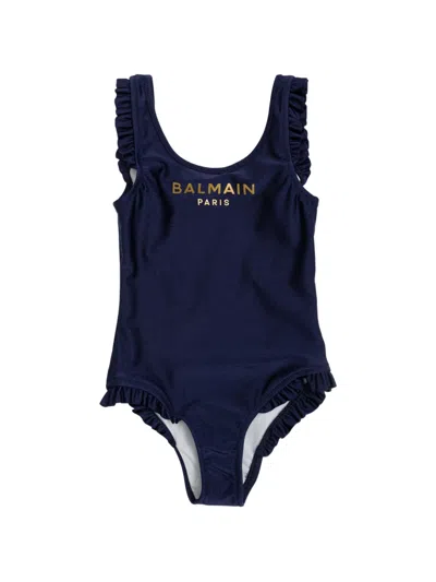 Balmain Kids' Ruffled Swimsuit In Blue