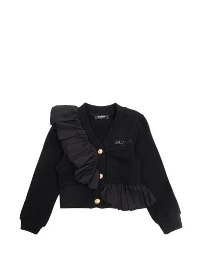 Balmain Kids' Ruffled-trim Buttoned Cardigan In Black