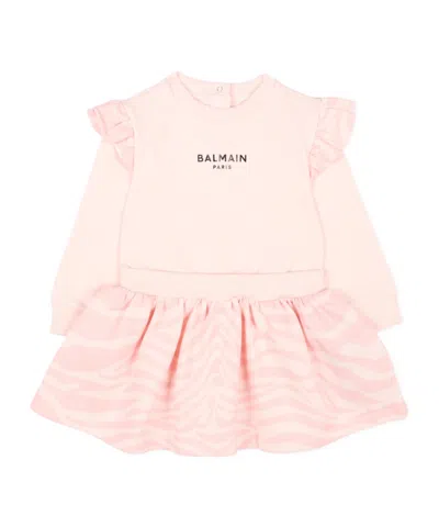 Balmain Babies' Ruffled Zebra-print Long-sleeve Dress In Multi