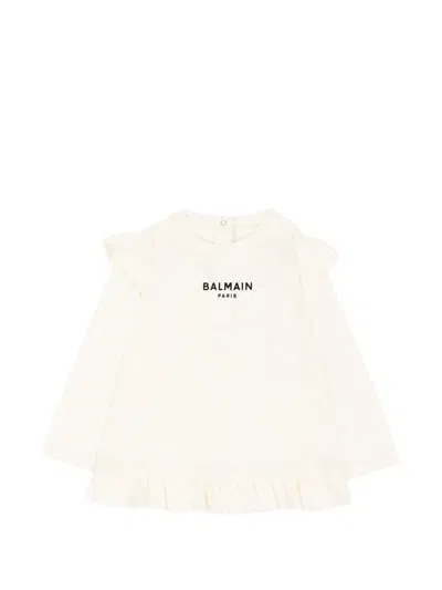 Balmain Babies' Ruffle-trimmed Logo-print Blouse In White
