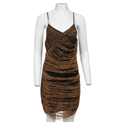 Pre-owned Balmain Runway Mini Dress Size 40 Black Shinny Glitter Gold Fringe Viscose
