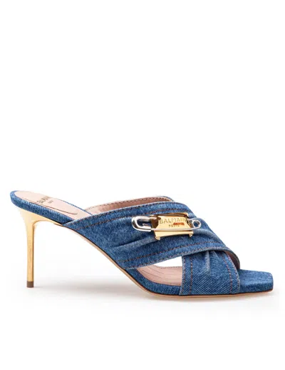 BALMAIN BALMAIN SAFETY MULE IN DENIM FABRIC WITH APPLIED PIN