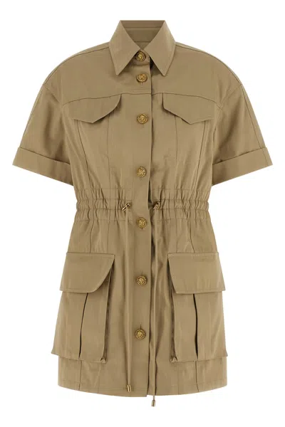Balmain Short-sleeve Buttoned Mini Safari Dress In Brown