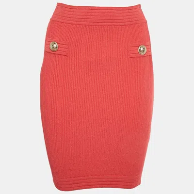 Pre-owned Balmain Salmon Red Rib Knit Pencil Skirt S