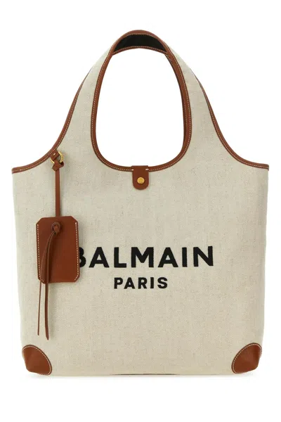 Balmain Sand Canvas B-army Shopping Bag In Gem Naturel Marron