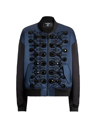 Balmain Satin Bomber Jacket With Frogging In Blue