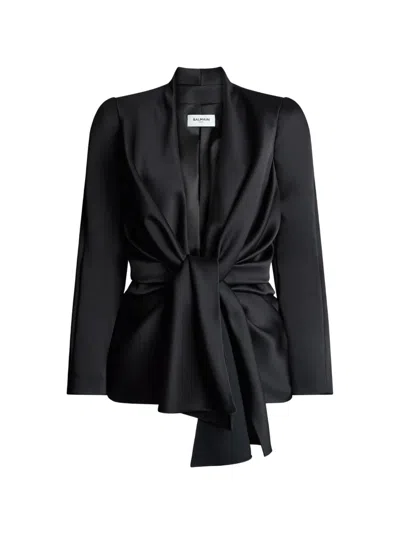 Balmain Satin Crepe Jacket With Tie Detail In Black
