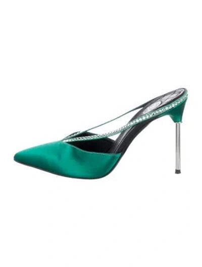 Pre-owned Balmain Satin Crystal Embellishments Mules In Green