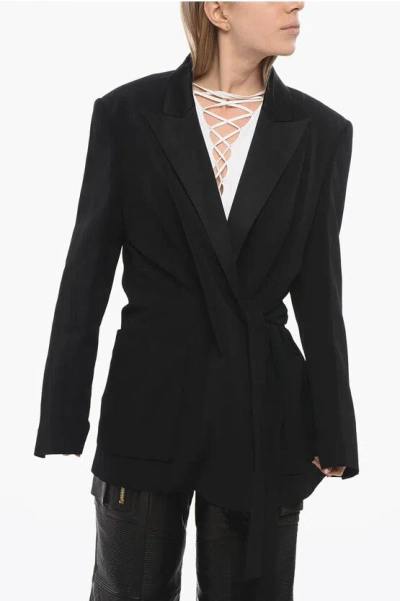 Balmain Satin Lapel Deconstructed Wrap Blazer In Black