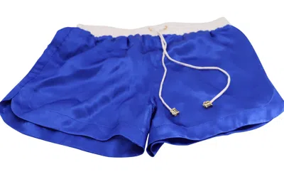 Balmain Satin Shorts With White Waist Band In Blue Silk