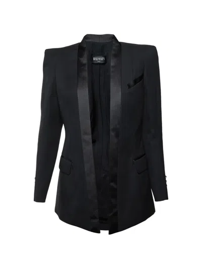 Pre-owned Balmain Satin-trim Open-front Blazer In Black