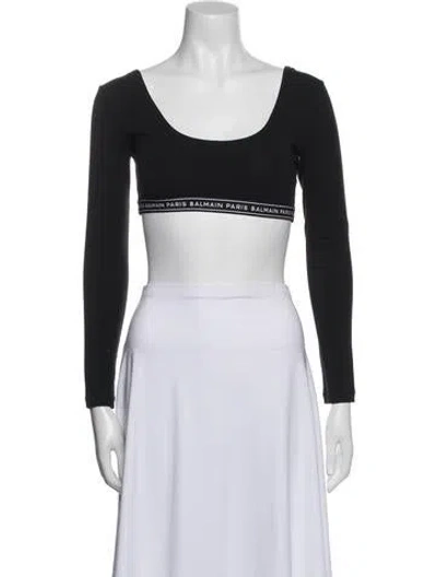 Pre-owned Balmain Scoop Neck Long Sleeve Crop Top In Blue