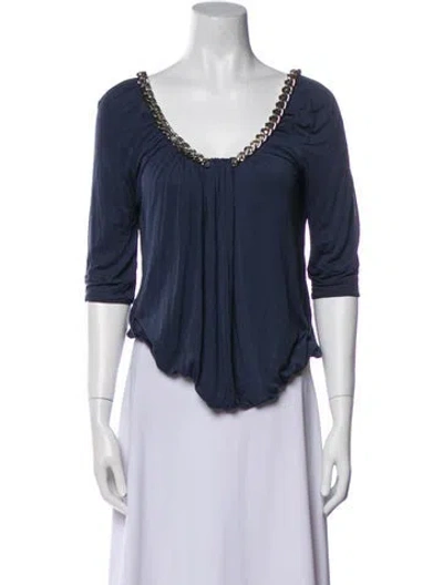 Pre-owned Balmain Scoop Neck Three-quarter Sleeve Blouse In Blue