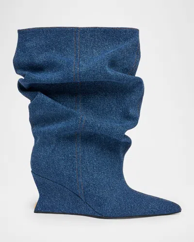 Balmain Scrunched Denim Wedge Ankle Boots In Multi