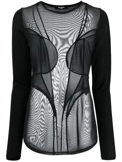 Balmain Semi Sheer Panelled Top In Black