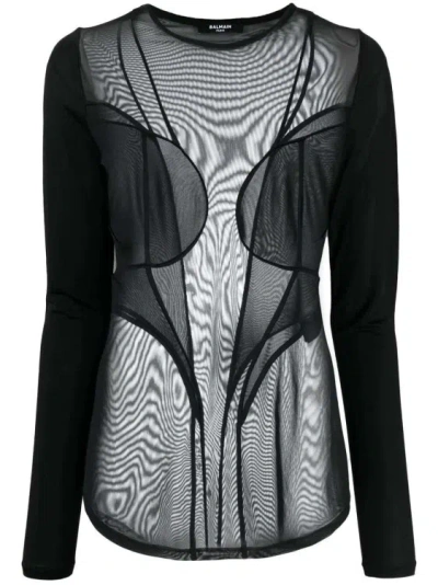 Balmain Semi-sheer Panelled Top In Black