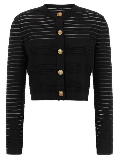 Balmain Semi-transparent Striped Cardigan In Black