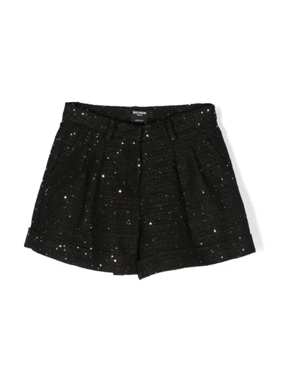 Balmain Kids' Sequin-detail Pleated Shorts In Black