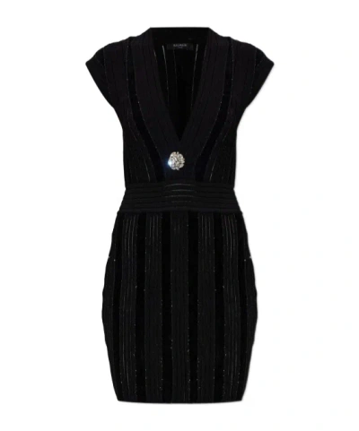Balmain Embellished-chest V-neck Dress In Black