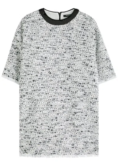 Balmain Sequin-embellished Bouclé Tweed T-shirt In White And Black