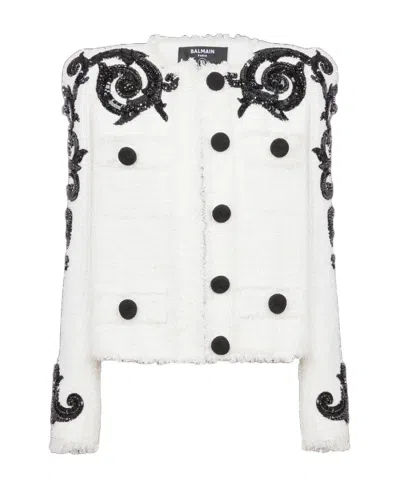 Balmain Embroidered Paisley Tweed Jacket In White