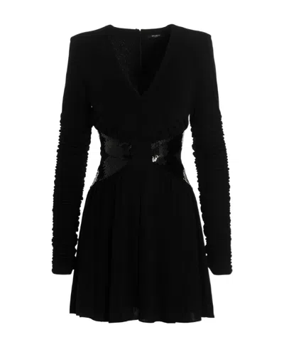 Balmain Sequin-embellished V-neck Mini Dress In Black