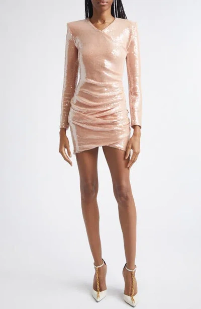 Balmain Sequin Long Sleeve Minidress In Neutral