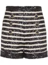 Balmain Black And White Striped Shorts With Jewel Buttons In All-over Sequins Fabric Woman In Black  
