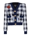 Balmain Sequined Cropped Knit Jacket In Blue
