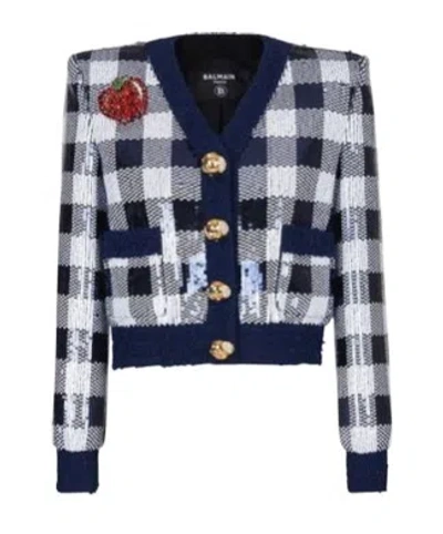 Balmain Sequined Cropped Knit Jacket In Blue