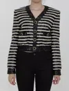 Balmain Striped Sequined Crop Jacket With Button Details In Black