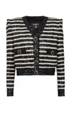 Balmain Striped Sequined Crop Jacket With Button Details In Black,white