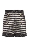 Balmain Black And White Striped Shorts With Jewel Buttons In All-over Sequins Fabric Woman In Black,white