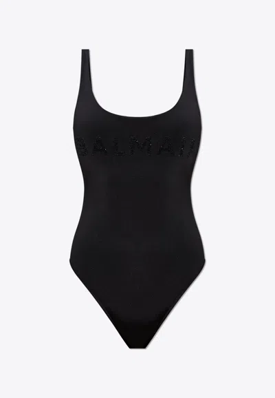 Balmain Sequined Logo One-piece Swimsuit In Black