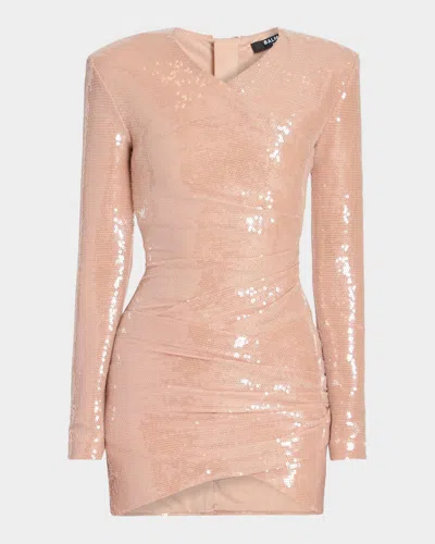 Balmain Sequined Long-sleeve Draped Bodycon Mini Dress In Pink
