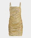 Balmain Sequined Ruched Sleeveless Mini Dress In Gold