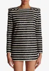 Balmain Stripe Sequin Long Sleeve Minidress In Monochrome