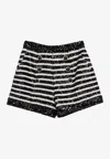 Balmain Black And White Striped Shorts With Jewel Buttons In All-over Sequins Fabric Woman In Black