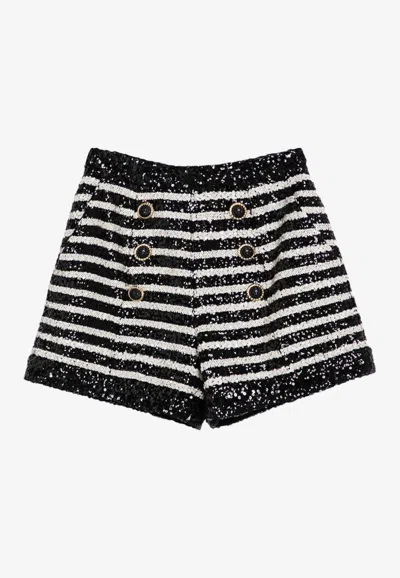 BALMAIN SEQUINED STRIPE MINI SHORTS
